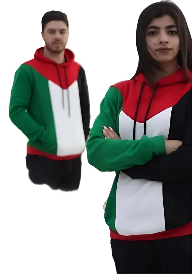 Palestine flag hoodie by Palestinian Elegance worn by man and woman with red, green, white, and black colors