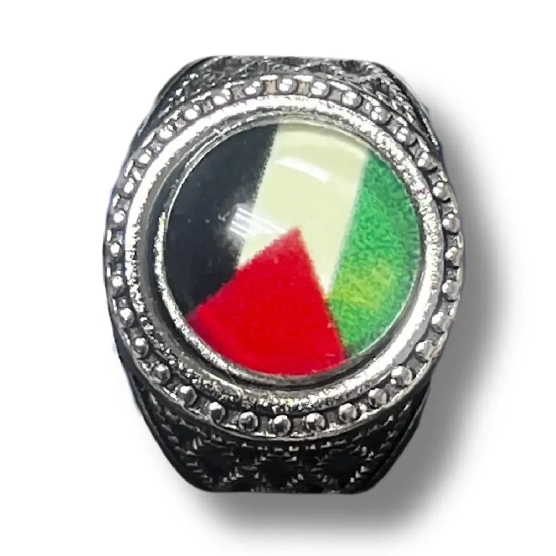 Palestine flag ring with a silver decorative band featuring the red black white and green colors