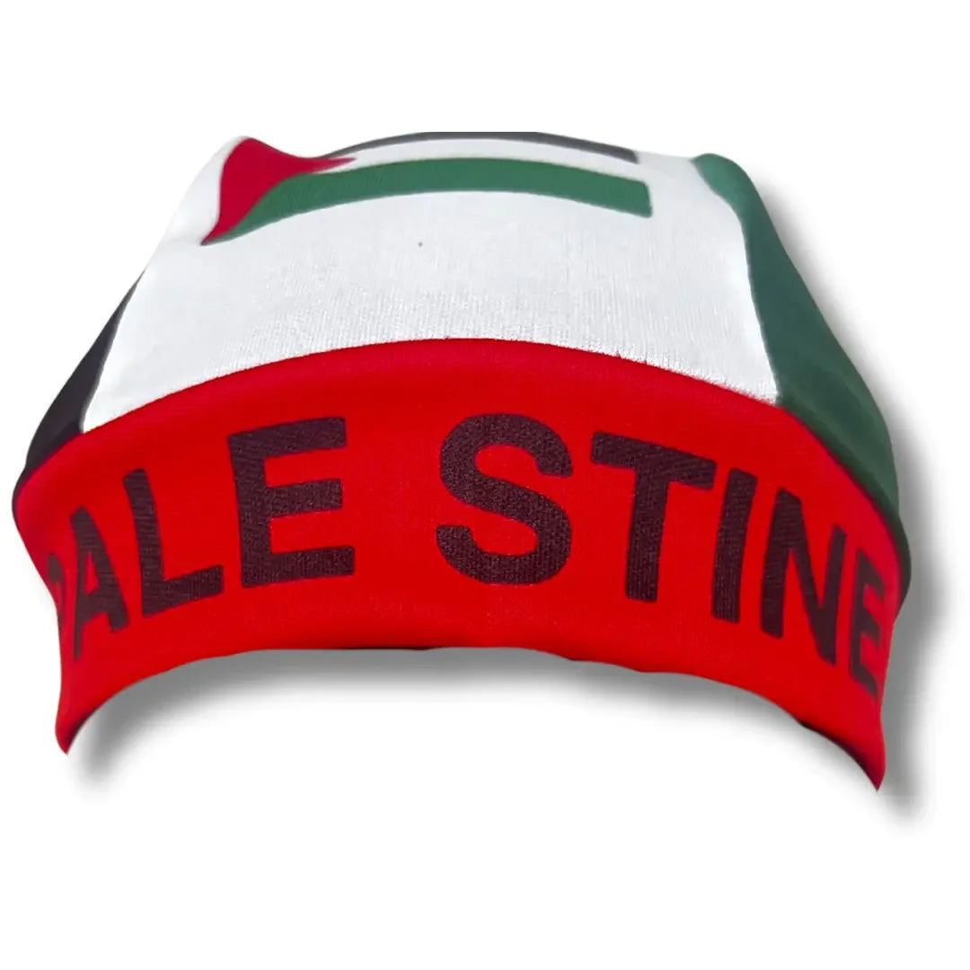 Palestine headcap durag by Palestinian Elegance with red, white, green colors and bold text design