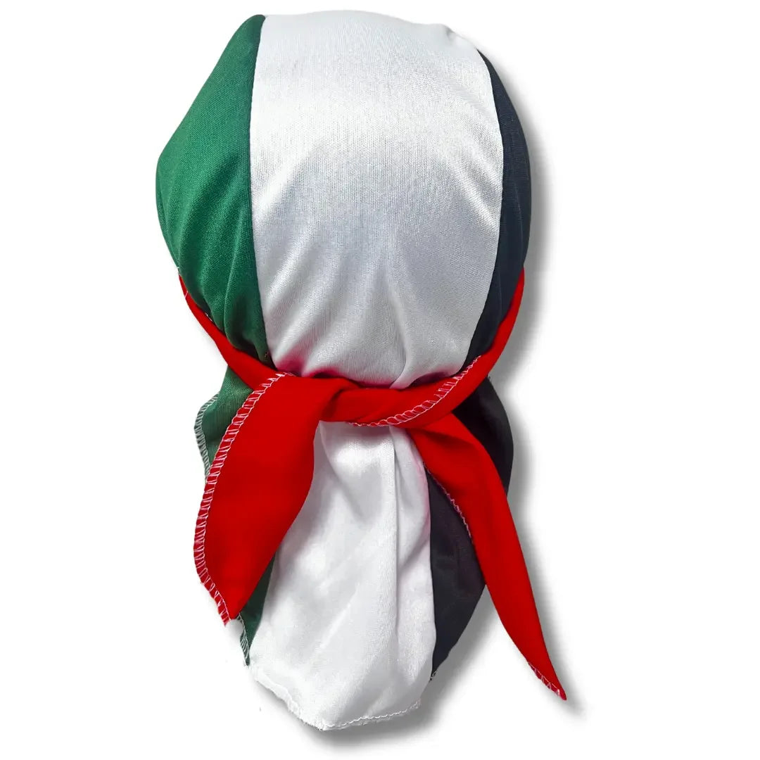Palestine headcap durag with green white black and red colors tied at the back by Palestinian Elegance