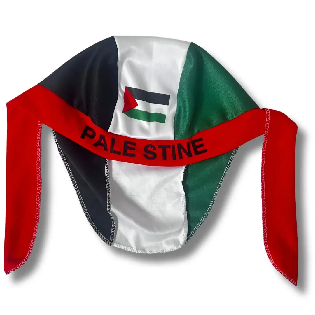 Palestine headcap durag with red, black, white, and green colors and Palestinian flag design