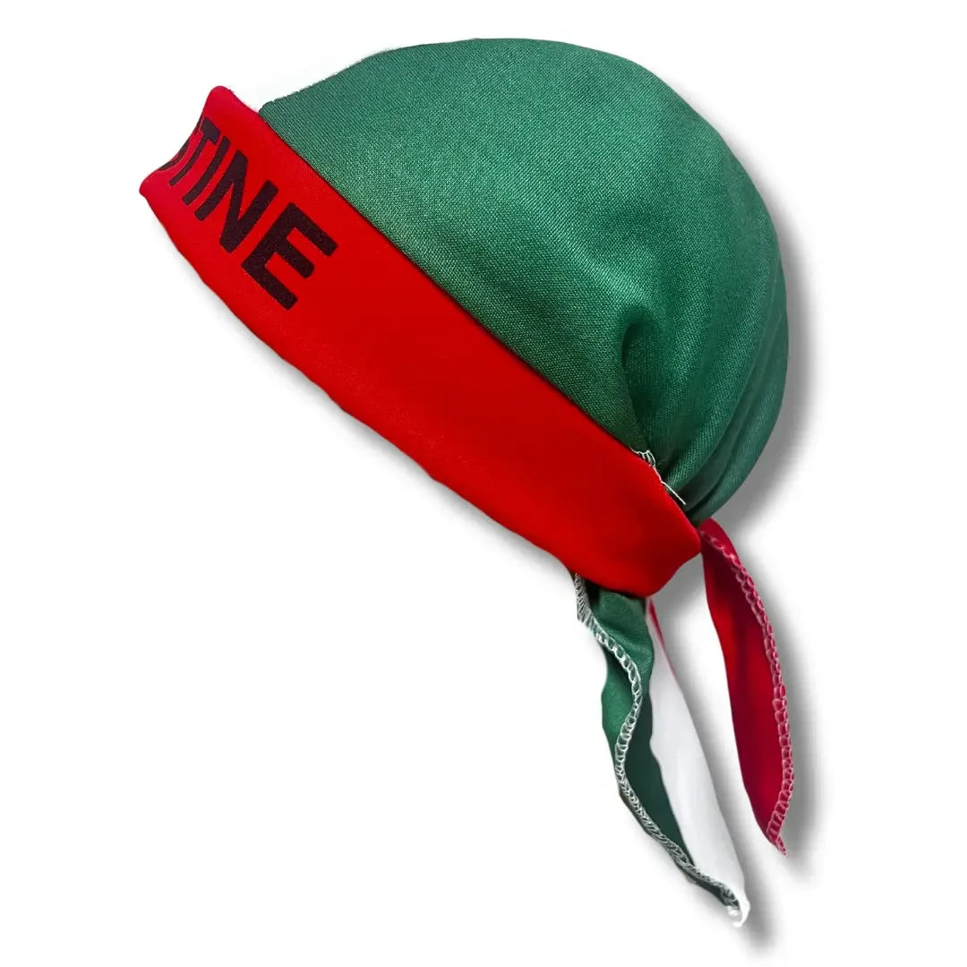 Palestine headcap durag in green and red with black lettering by Palestinian Elegance