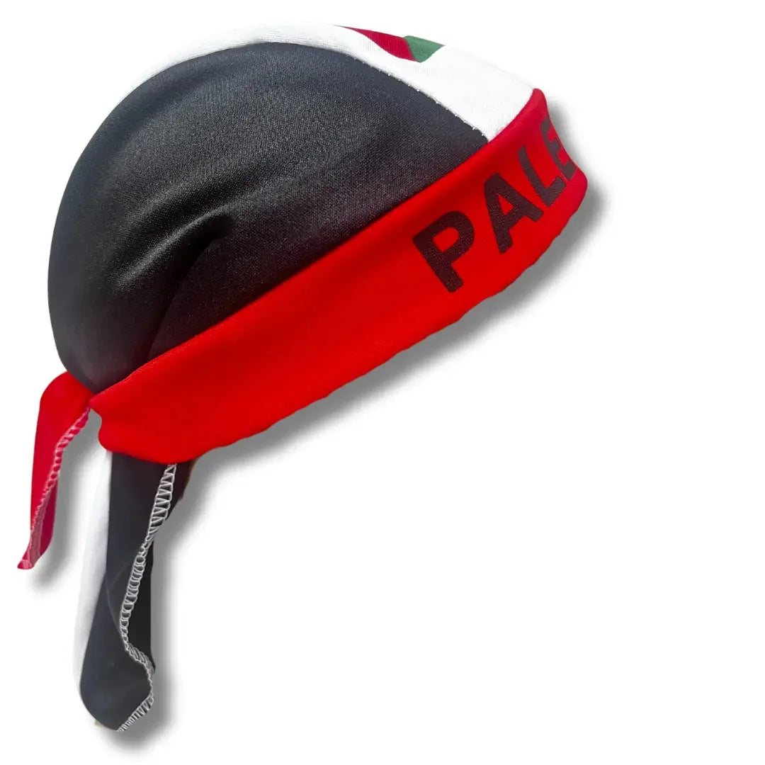 Palestine headcap durag in black, white, and red with Palestinian flag colors and bold text design