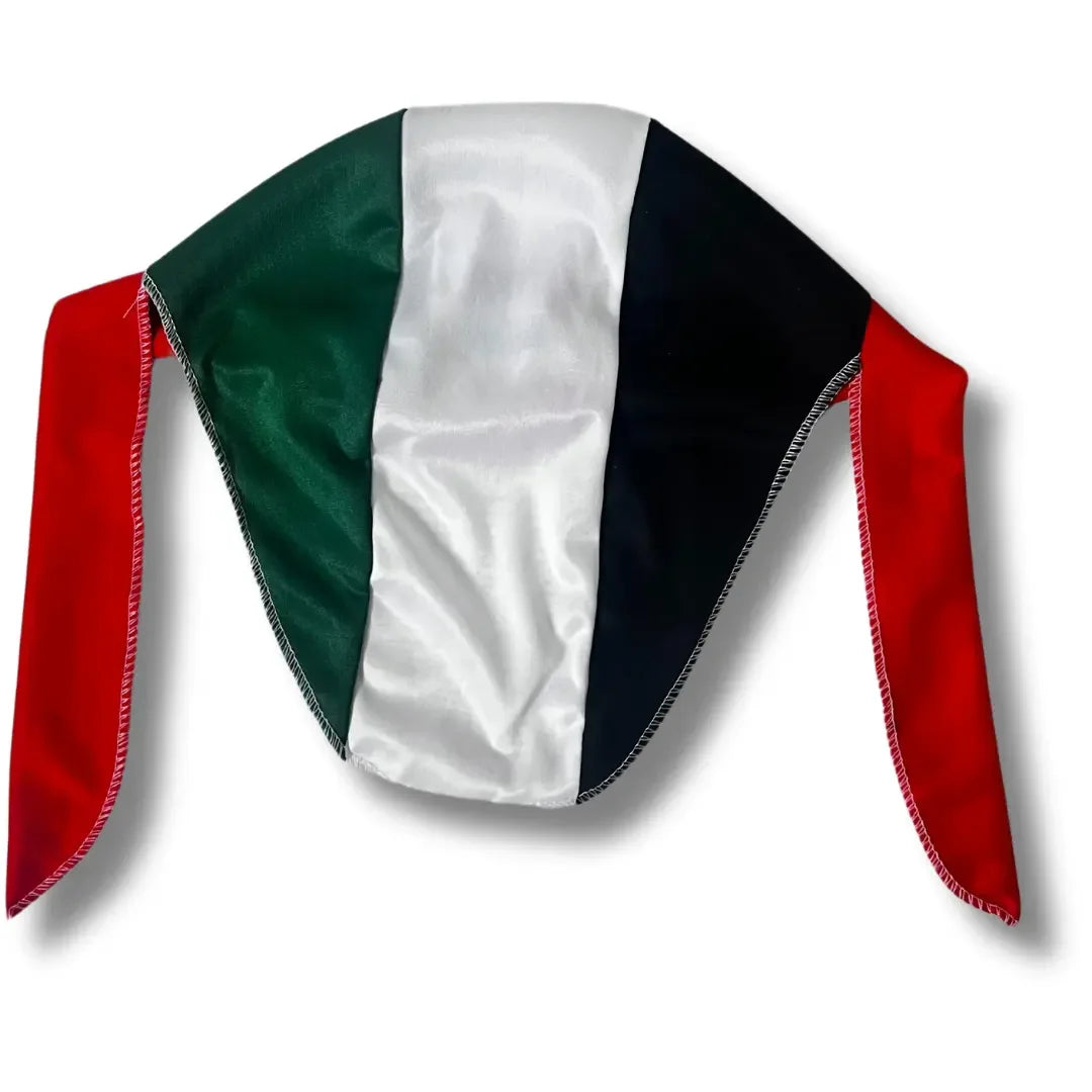Palestine headcap durag with red, green, white, and black colors representing the Palestinian flag
