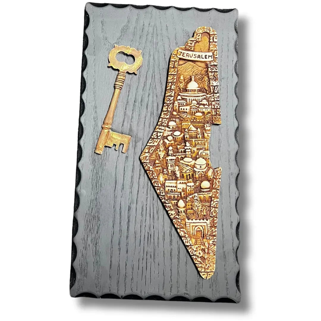 Palestine home decor wooden plaque with golden key and intricate Jerusalem map design by Palestinian Elegance