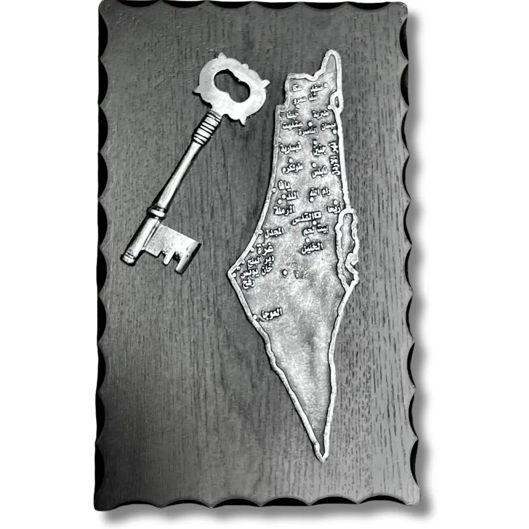 Palestine map home decor metal wall art plaque with antique key on wooden background by Palestinian Elegance