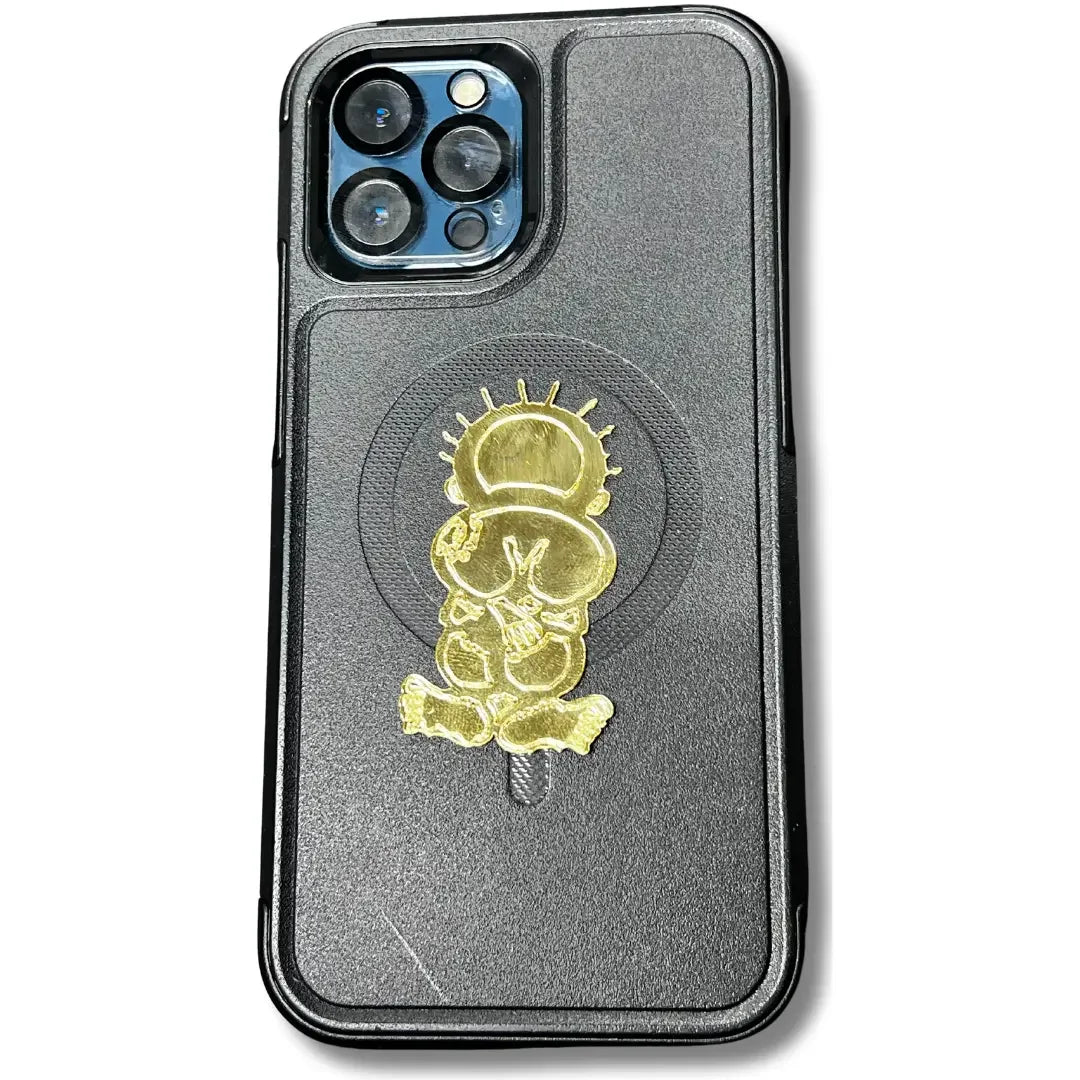 Black phone case with gold-tone Palestine map phone charms attached on the back