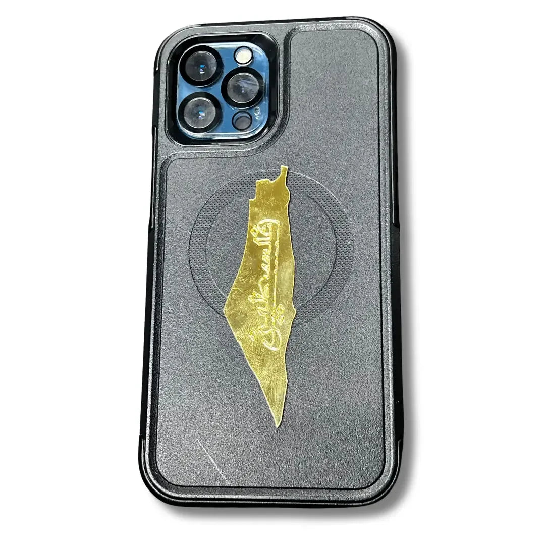 Black phone case with a gold Palestine map phone charms decal in the center