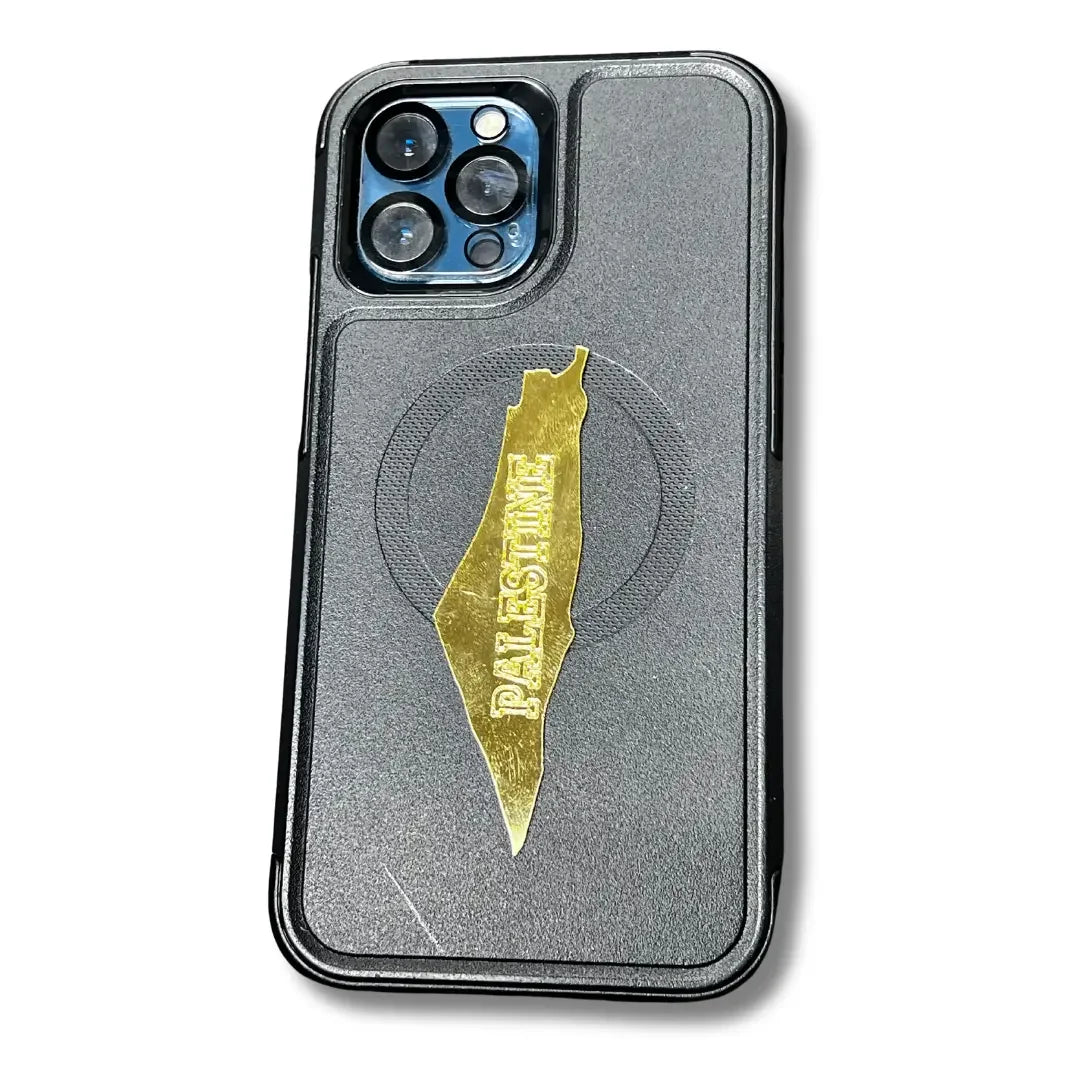 Black phone case with a gold Palestine map phone charms showing the map shape and text Palestine