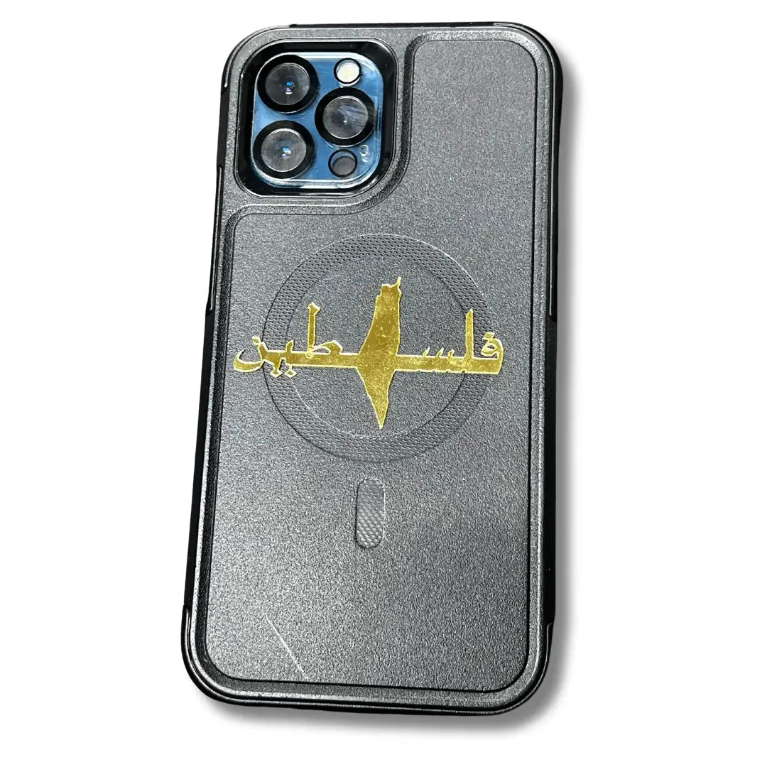 Black phone case with gold Palestine map phone charms and Arabic calligraphy design