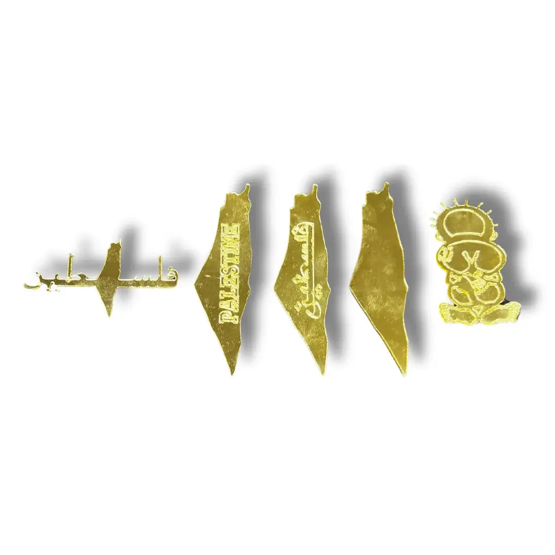 Set of Palestine map phone charms in gold with Arabic and English designs by Palestinian Elegance