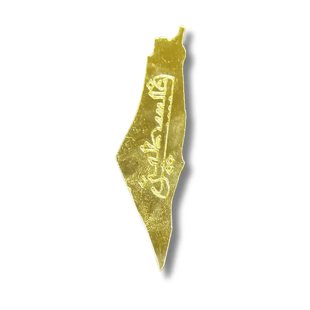 Gold-tone Palestine map phone charms accessory with intricate Arabic engraving by Palestinian Elegance
