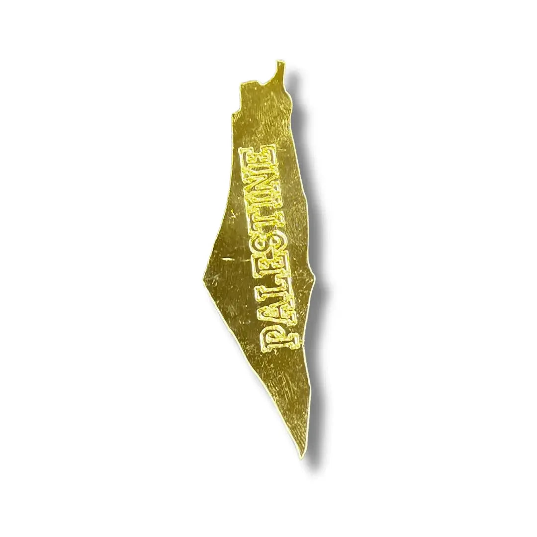 Gold-tone Palestine map phone charms with engraved Palestine text by Palestinian Elegance