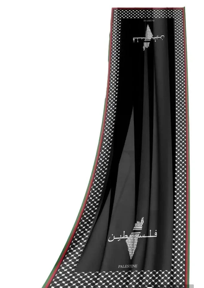 Palestinian chiffon hijab by Palestinian Elegance in black with traditional checkered border and Palestine text design