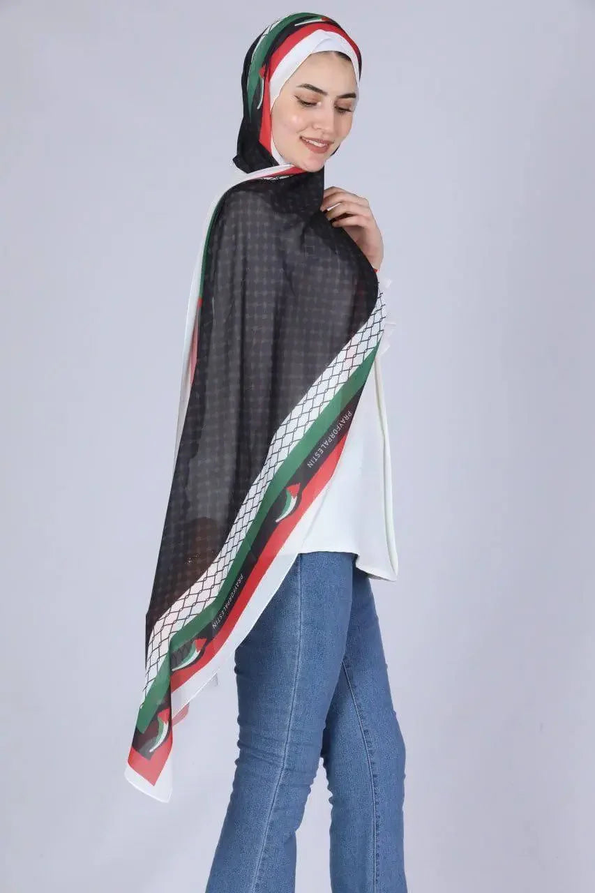 Palestinian chiffon hijab with traditional colors and patterns worn by a woman paired with casual outfit