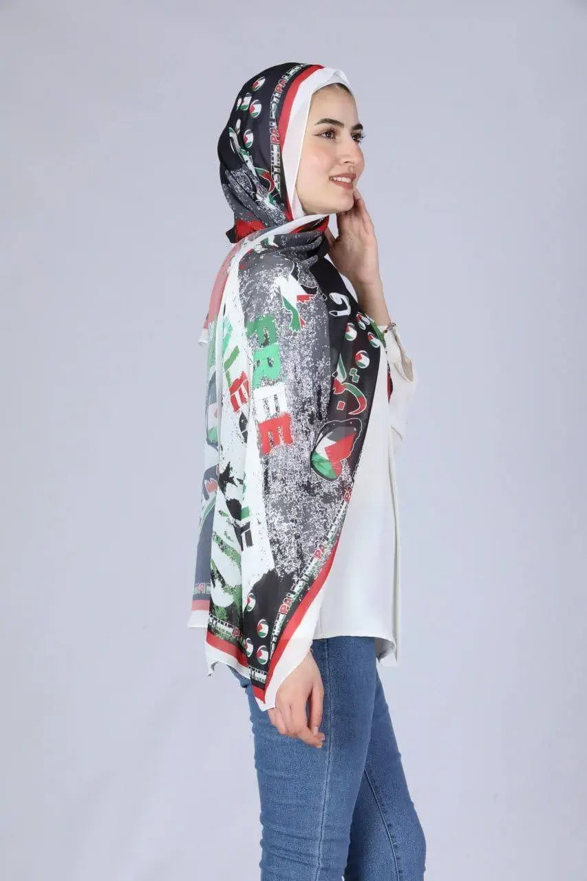 Woman wearing a colorful Palestinian chiffon hijab with artistic patterns from Palestinian Elegance