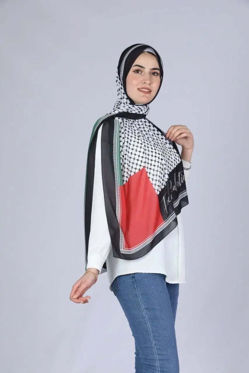 Palestinian chiffon hijab styled with traditional black and white keffiyeh pattern and red accents