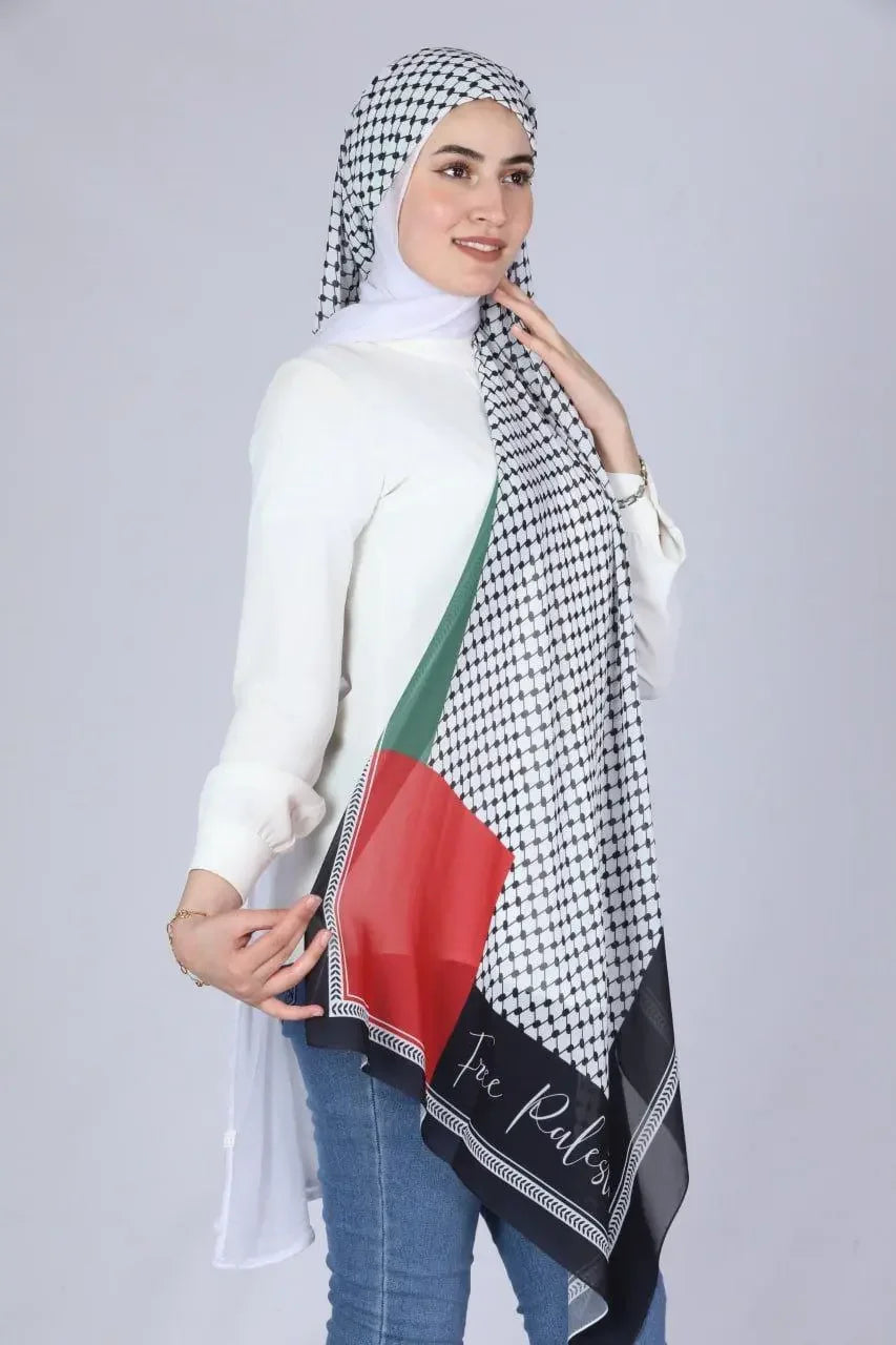 Palestinian Elegance Palestinian chiffon hijab with traditional black and white pattern and red and green design