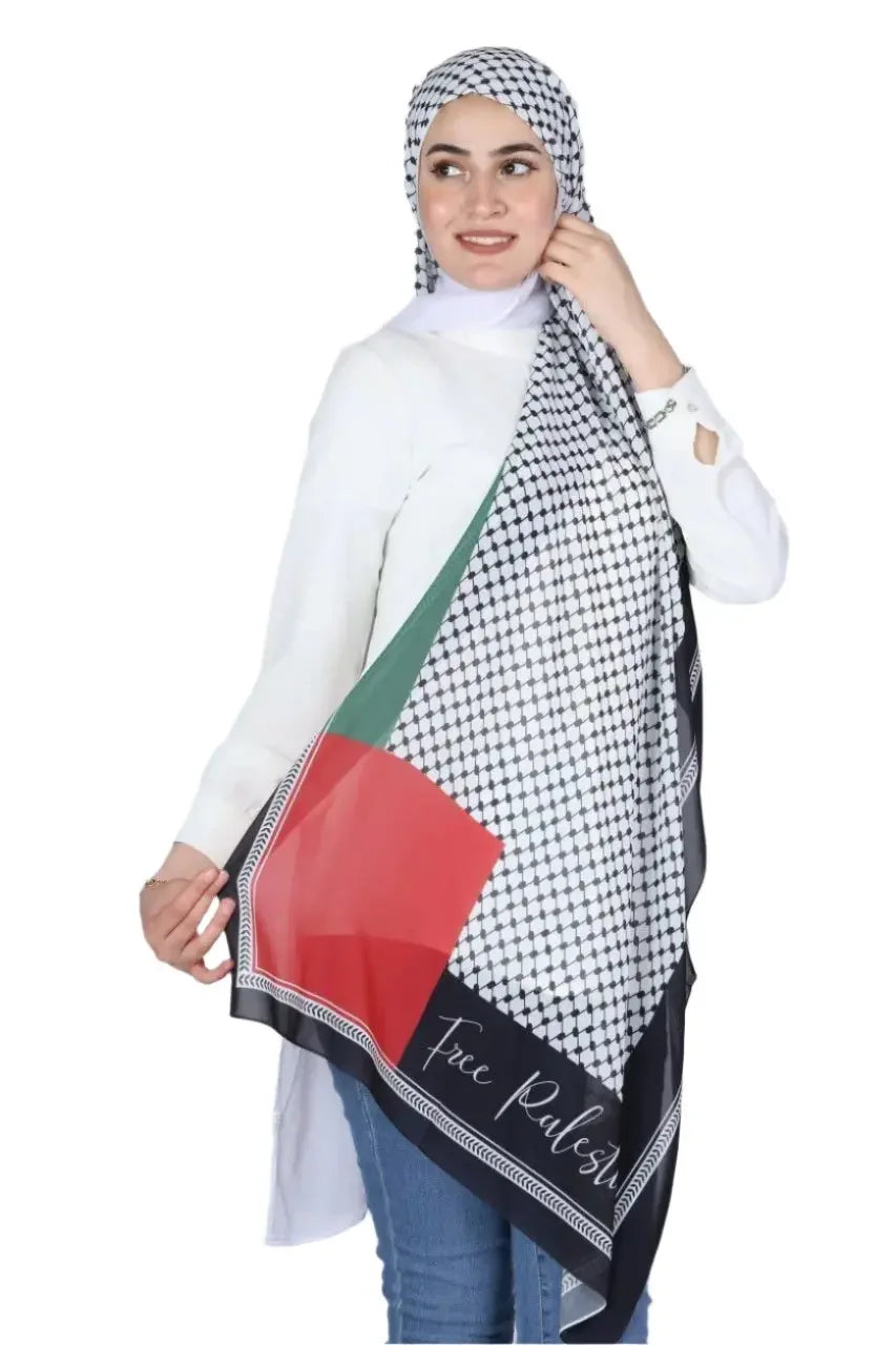 Palestinian Elegance woman wearing black and white patterned Palestinian chiffon hijab with red and green accents