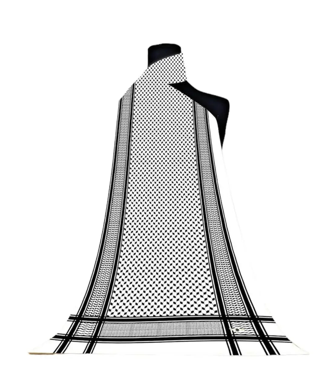 Black and white Palestinian chiffon hijab with traditional geometric patterns displayed on a mannequin