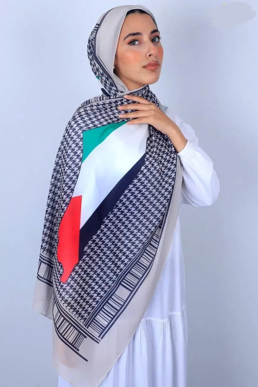 Palestinian chiffon hijab by Palestinian Elegance featuring a black and white pattern with colors of the Palestinian flag