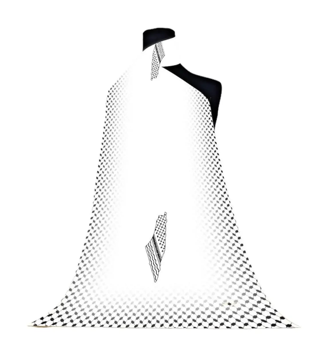 Palestinian chiffon hijab in black and white keffiyeh pattern by Palestinian Elegance draped on a mannequin