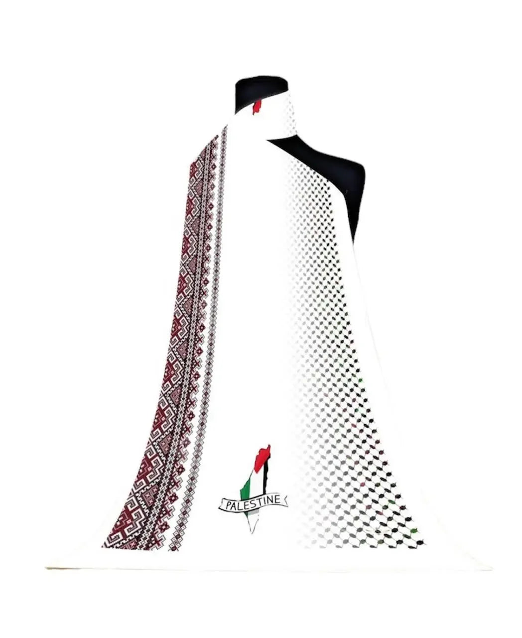 Palestinian chiffon hijab by Palestinian Elegance with traditional embroidery and Palestine flag design