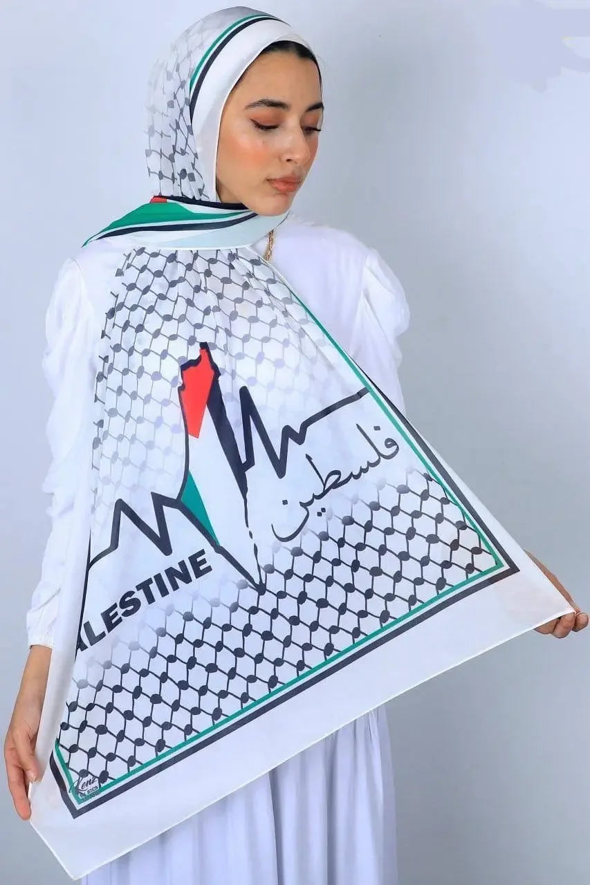 Palestinian Elegance Palestinian chiffon hijab with traditional black and white pattern and colorful design