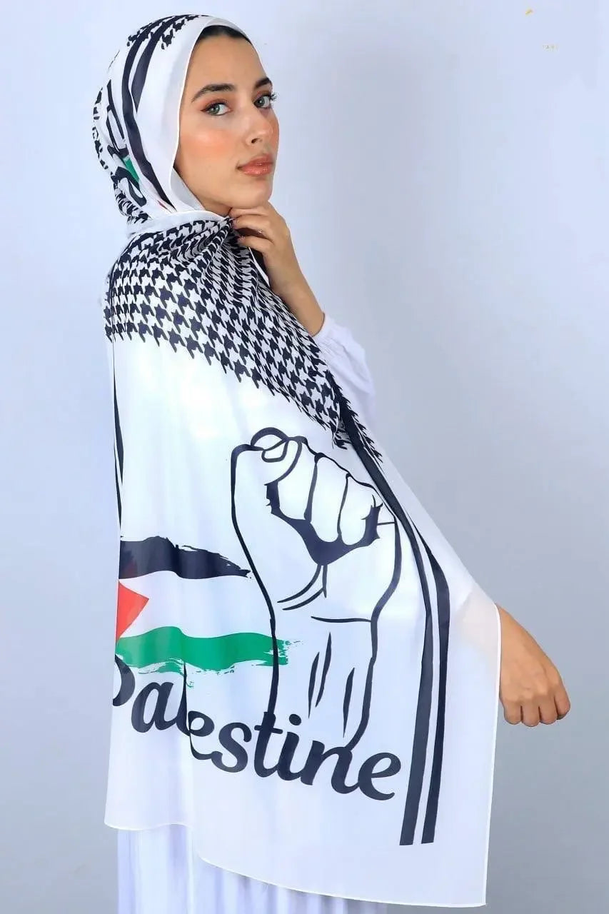 Palestinian chiffon hijab by Palestinian Elegance featuring a bold fist and flag design in black and white
