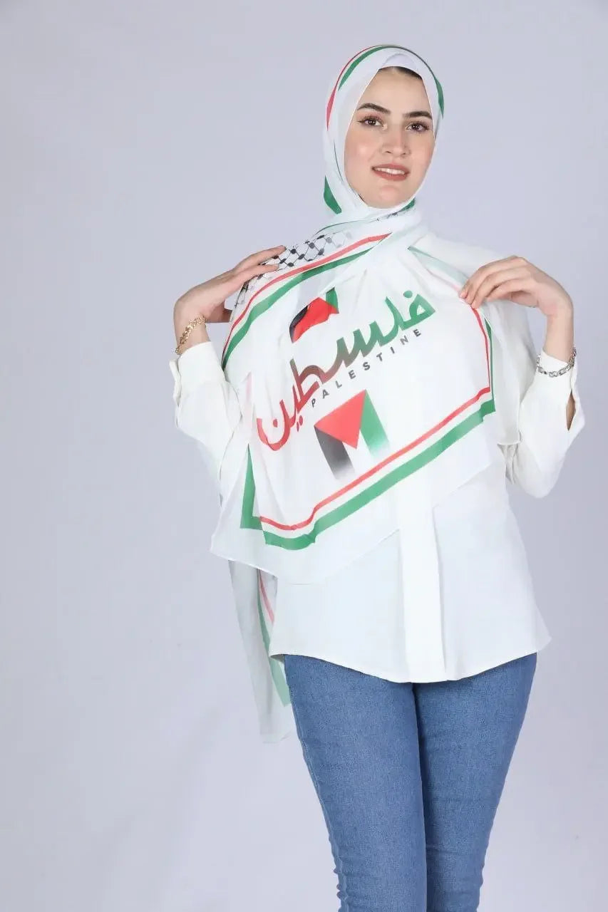 Palestinian Elegance woman wearing Palestinian chiffon hijab with flag design and Arabic text