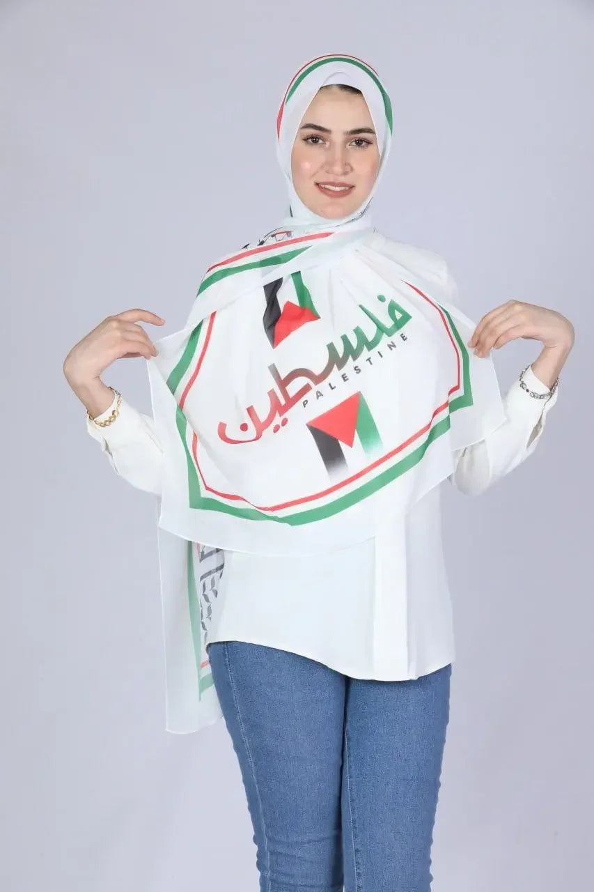 Palestinian chiffon hijab by Palestinian Elegance worn by woman with white blouse and jeans