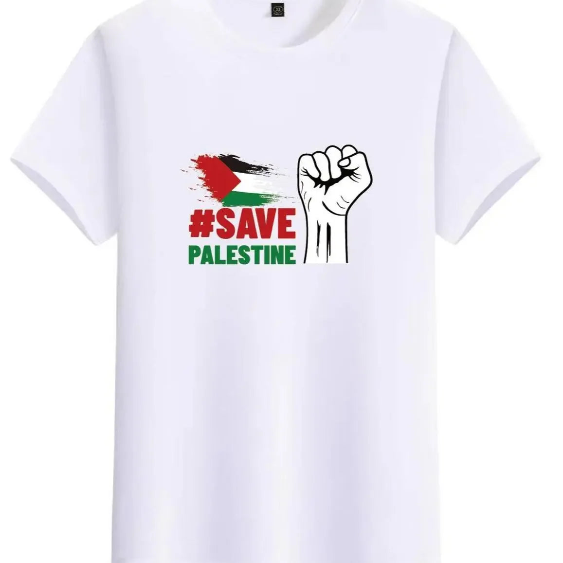 White Palestinian cotton t-shirt with #Save Palestine graphic and raised fist design