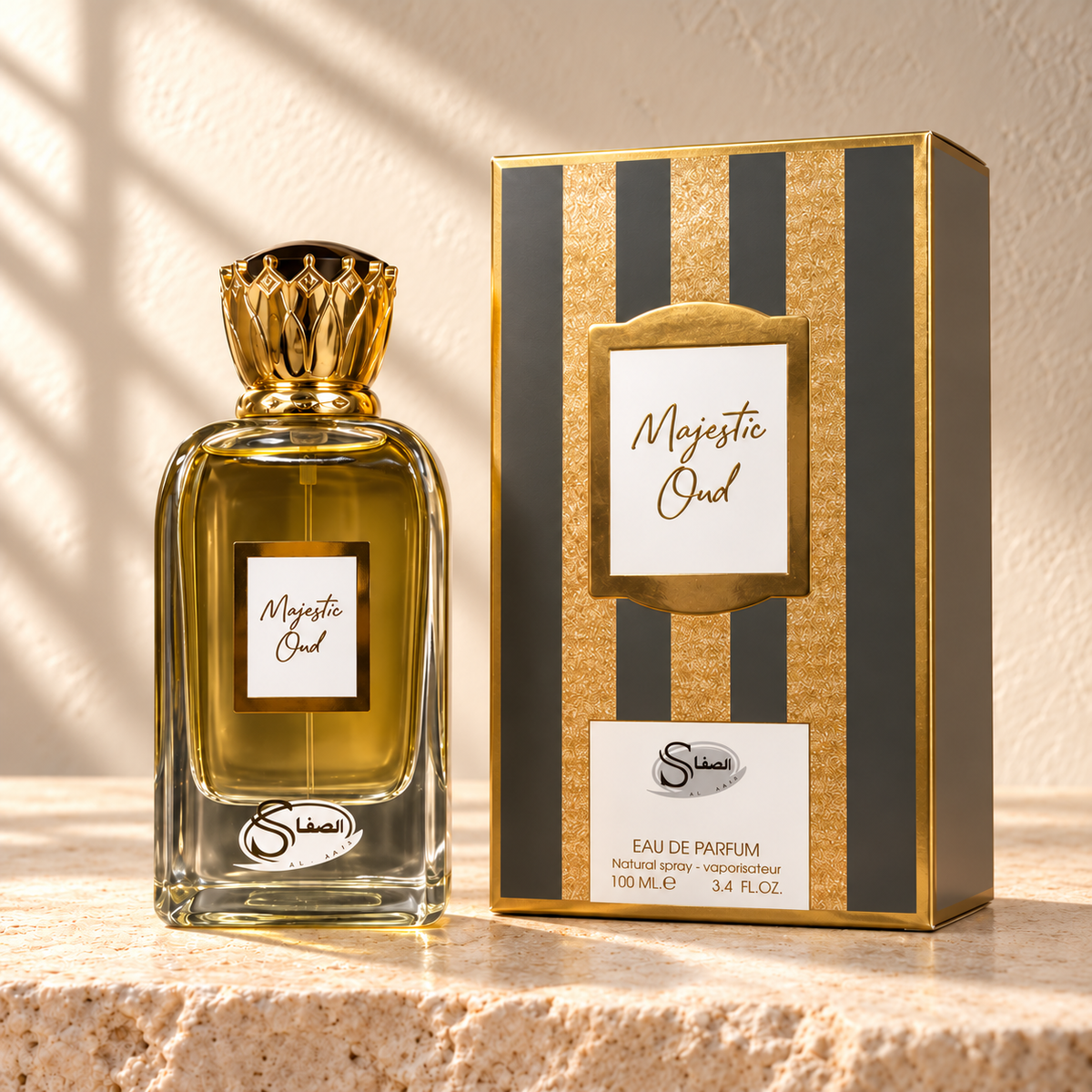 Al Safa Majestic Oud Eau de Parfum – 100 ml — bottle and matching packaging