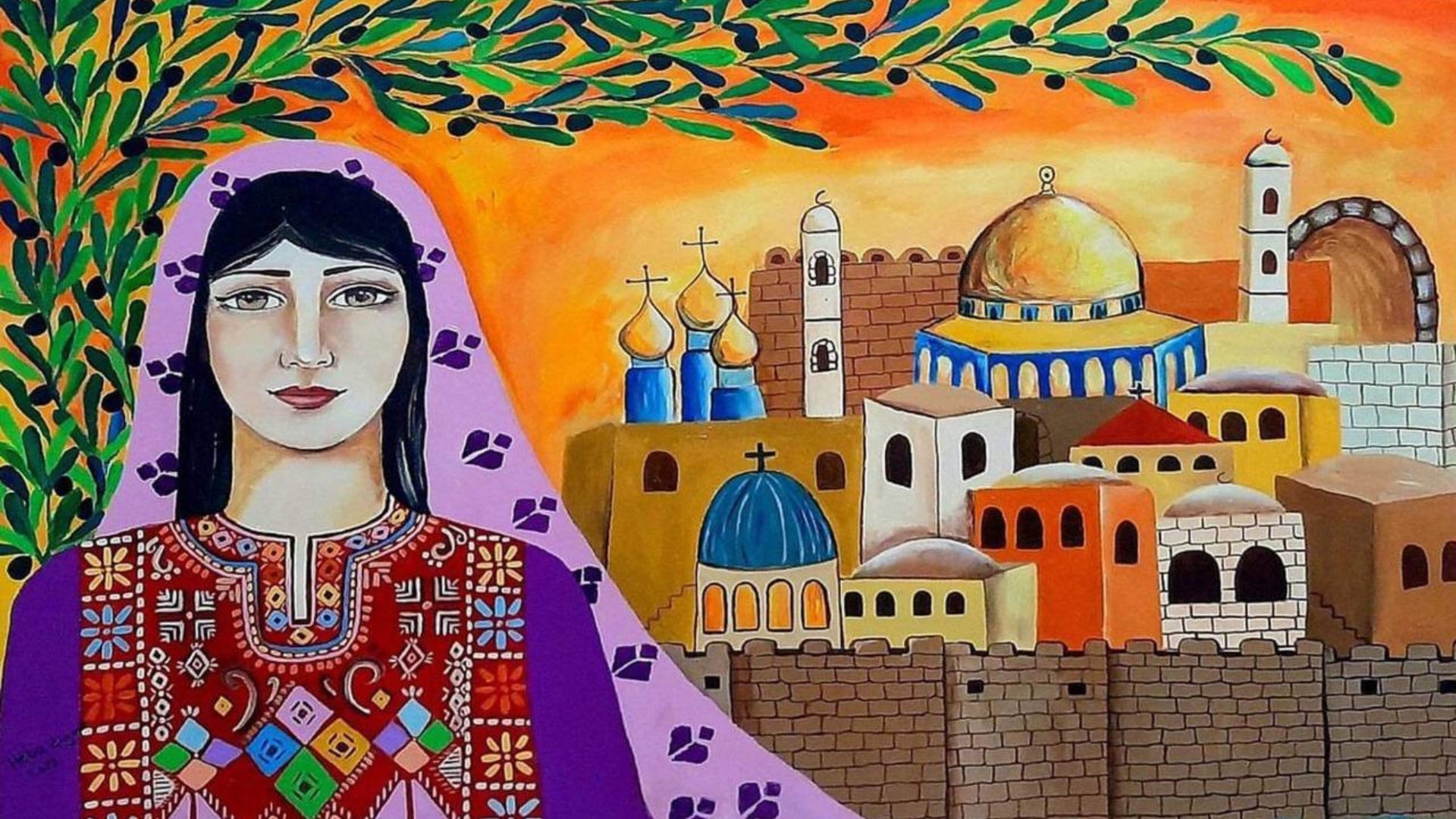 Palestinian Elegance artwork showcasing cultural fashion with Dome of the Rock in the background