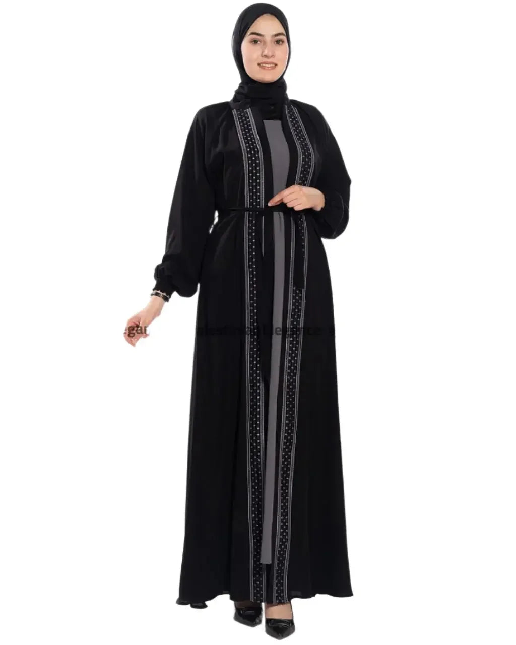 Palestinian Elegance elegant open abaya in black with patterned trim and a matching belt