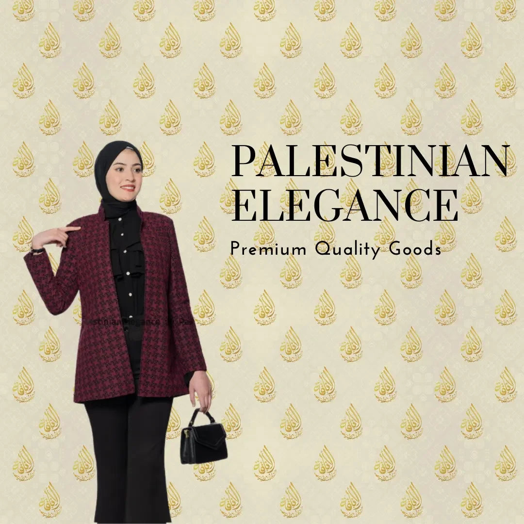 Woman wearing embroidered Palestinian blazer in maroon and black with a black hijab holding a small black handbag