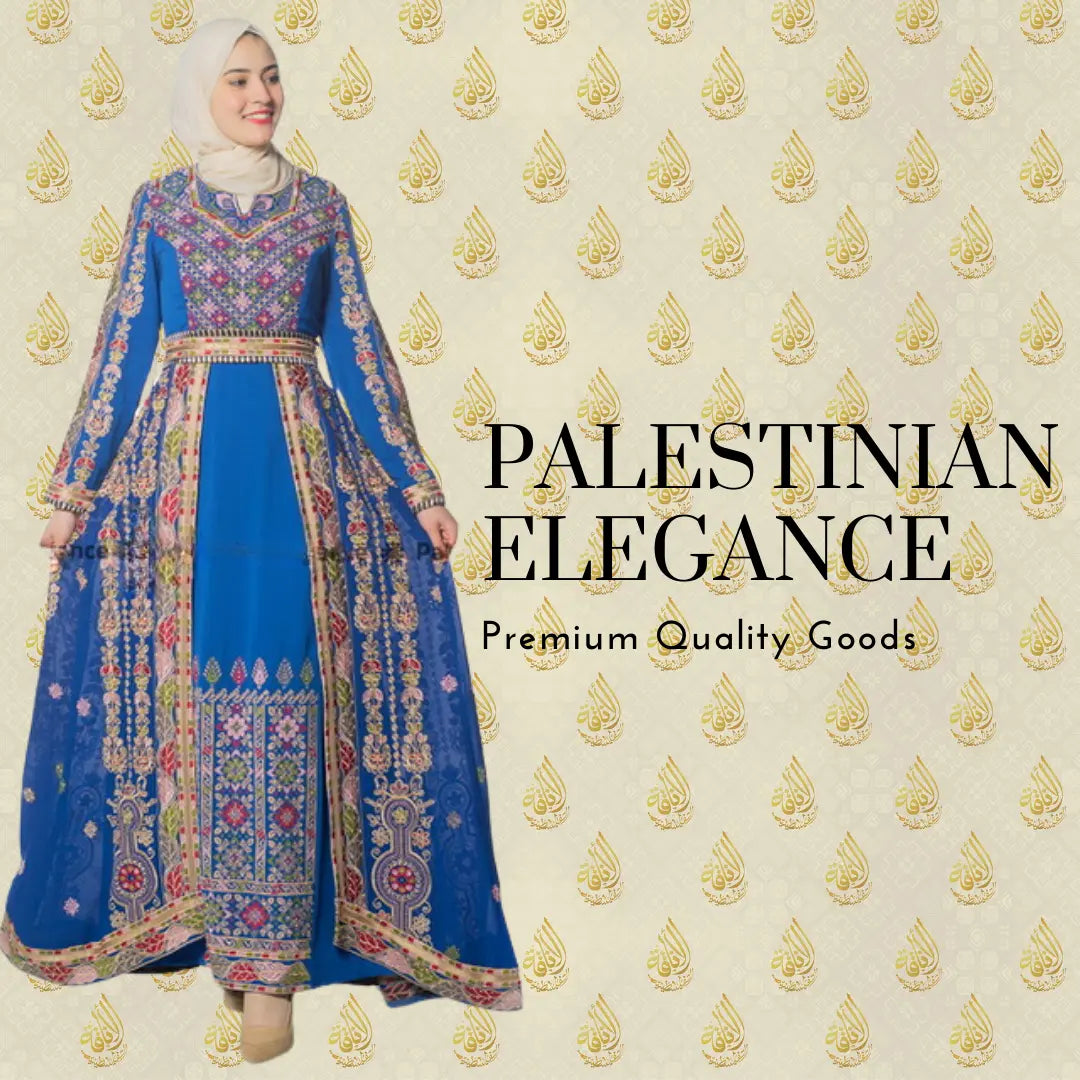 Woman wearing a blue embroidered Palestinian dress with intricate colorful embroidery patterns by Palestinian Elegance