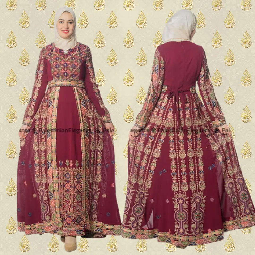 Embroidered Palestinian dress in deep red with intricate traditional embroidery by Palestinian Elegance