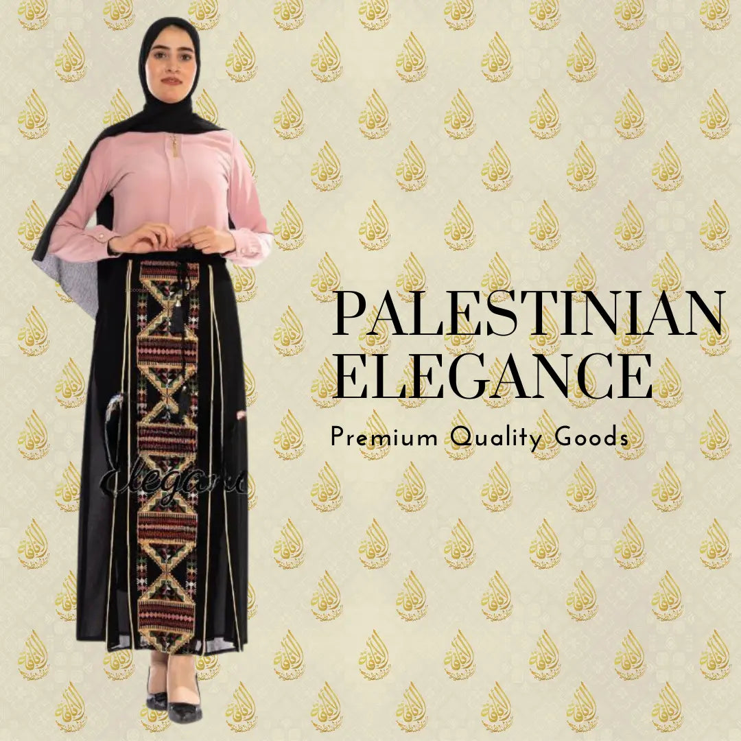 Woman wearing a Palestinian Elegance embroidered skirt with traditional detailed patterns and black fabric