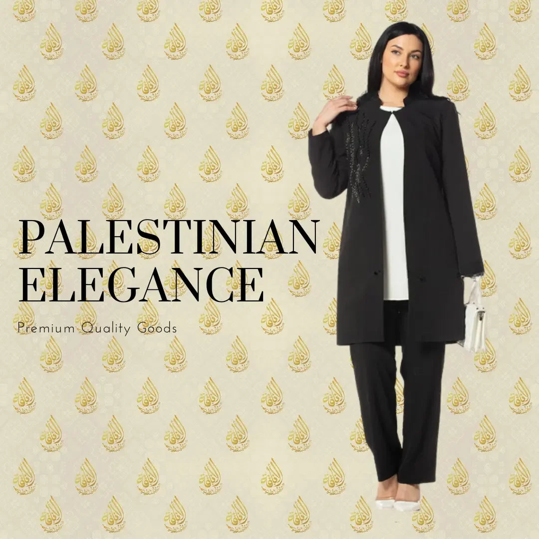 Palestinian Elegance luxury formal three piece suit in black worn by woman with white blouse and handbag