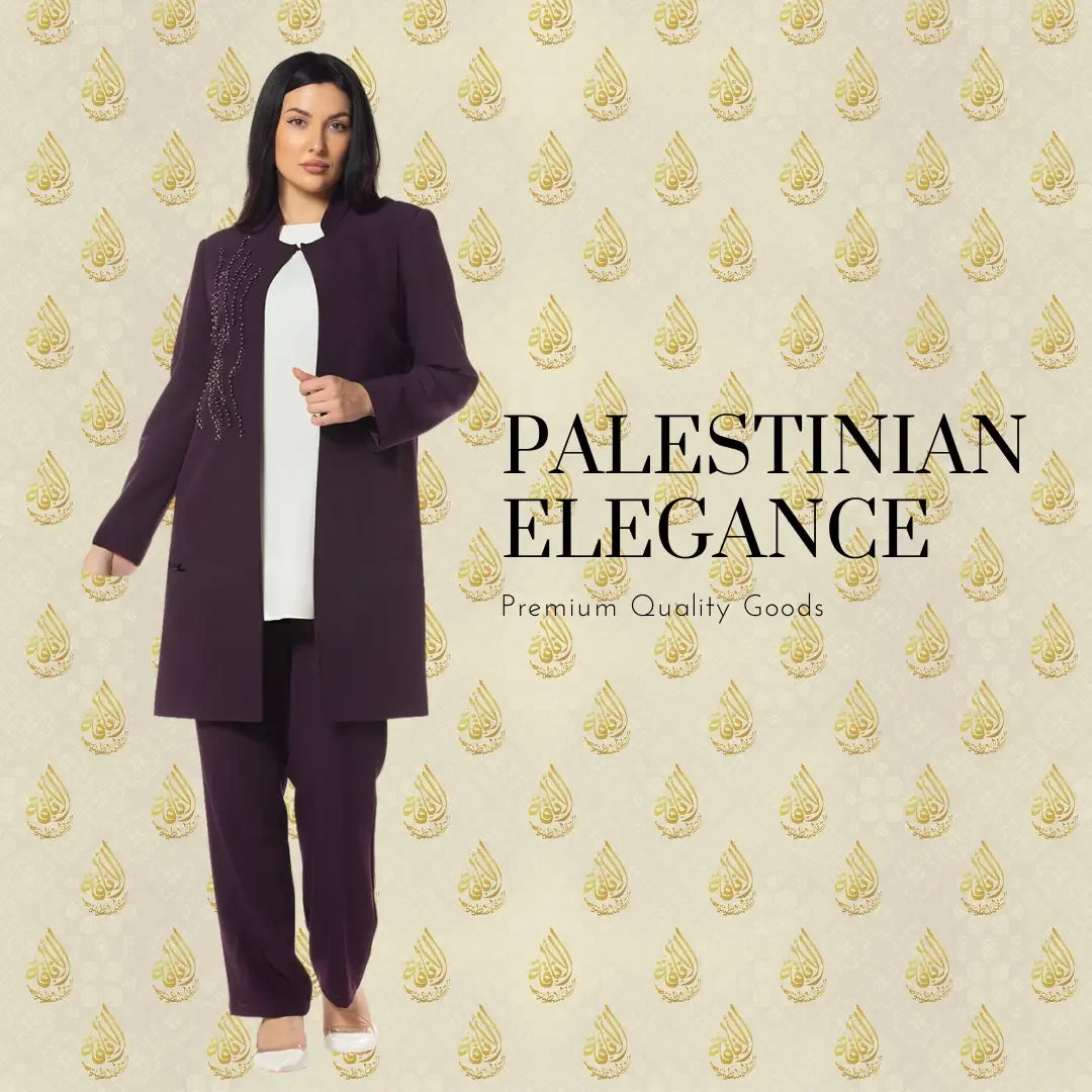 Luxury formal three piece suit by Palestinian Elegance in dark purple with detailed embroidery