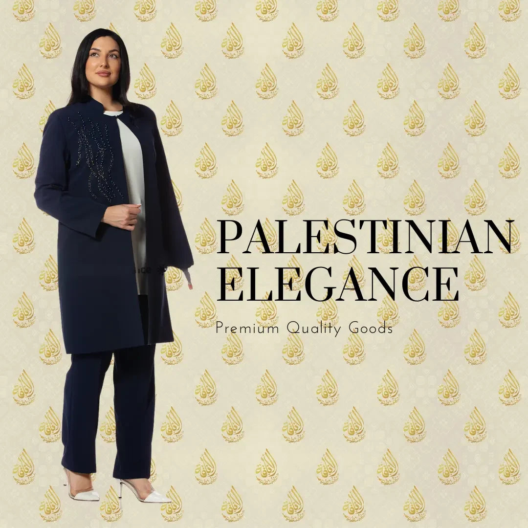 Woman wearing a luxury formal three piece suit by Palestinian Elegance in navy blue