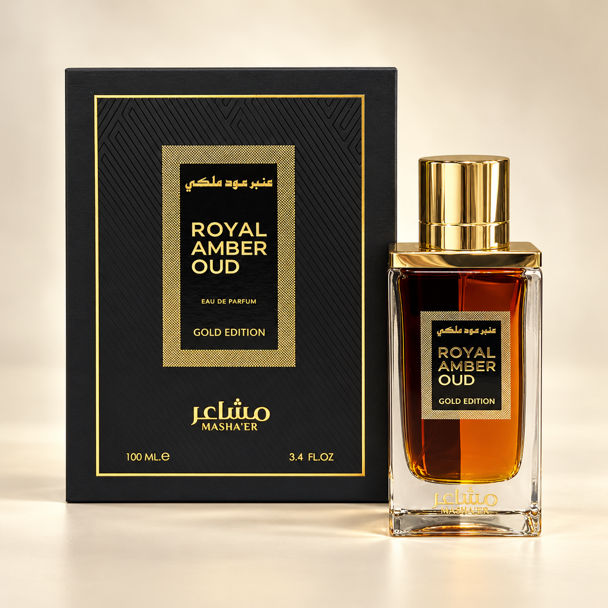 Masha’er Royal Amber Oud gold 100 ml — bottle and presentation box