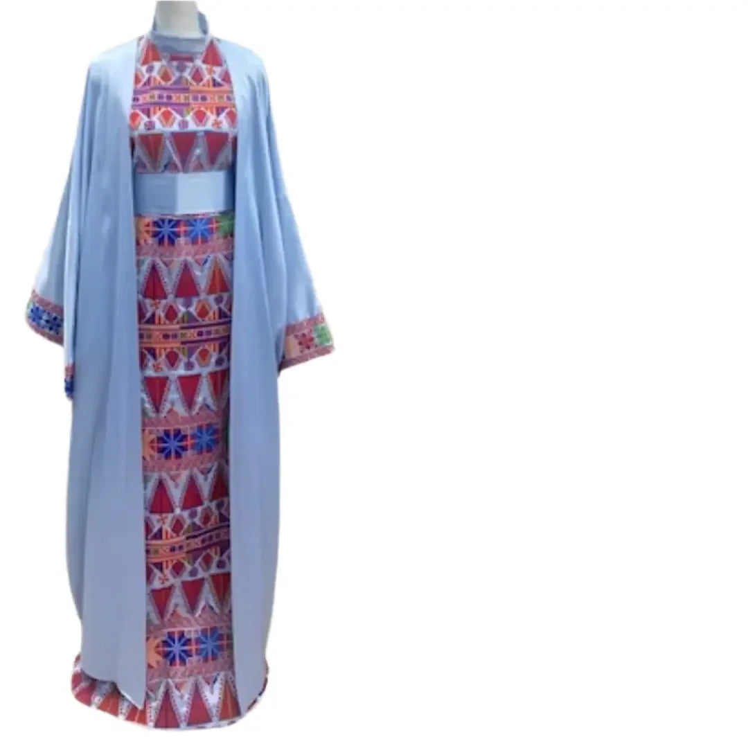 Palestinian Elegance Satin Embroidery Bisht with Belt featuring colorful traditional embroidery and light blue outer layer