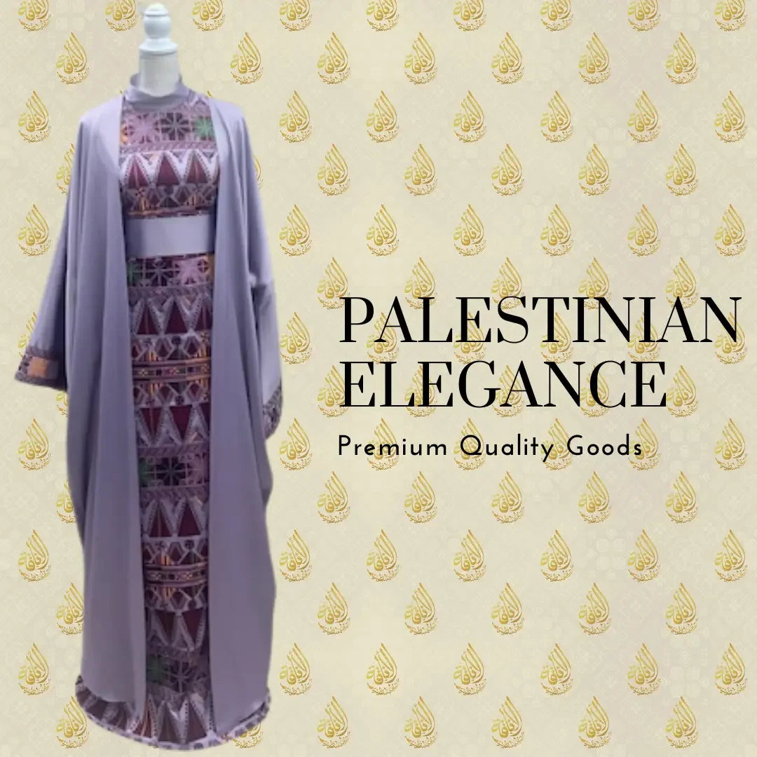 Satin Embroidery Bisht with Belt on mannequin featuring intricate purple traditional Palestinian embroidery