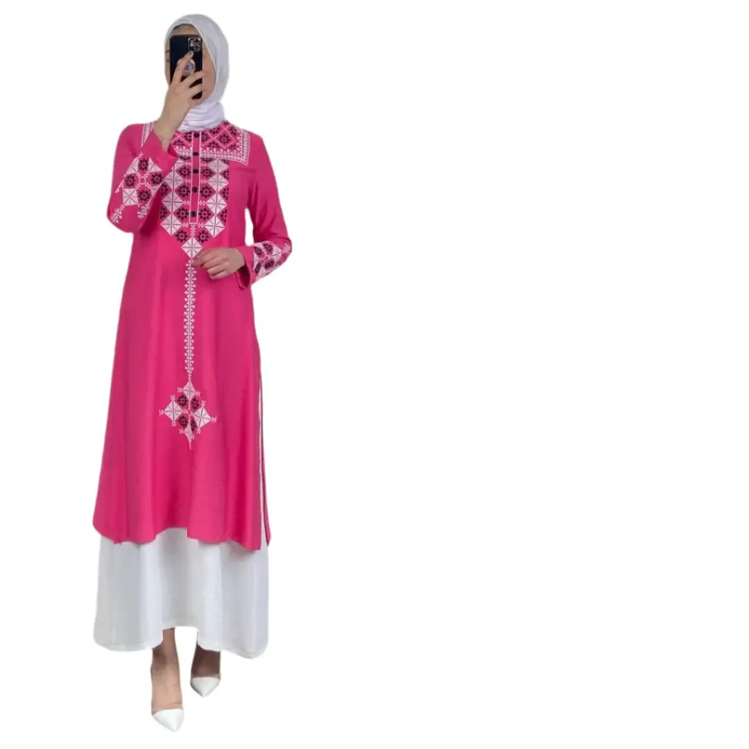 Palestinian Elegance casual vintage embroidered dress in pink with white embroidery and long sleeves
