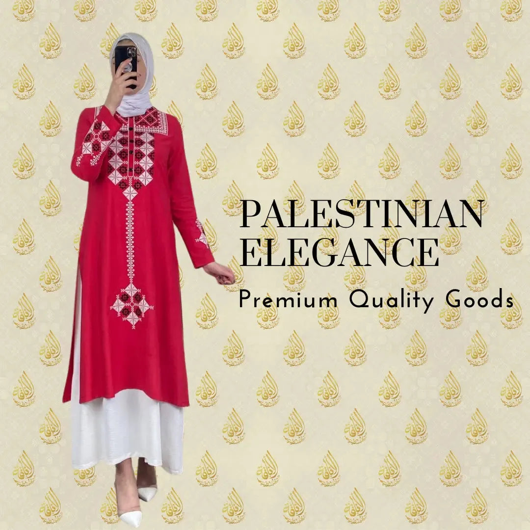 Palestinian Elegance vintage embroidered dress in red with white geometric patterns and casual fit