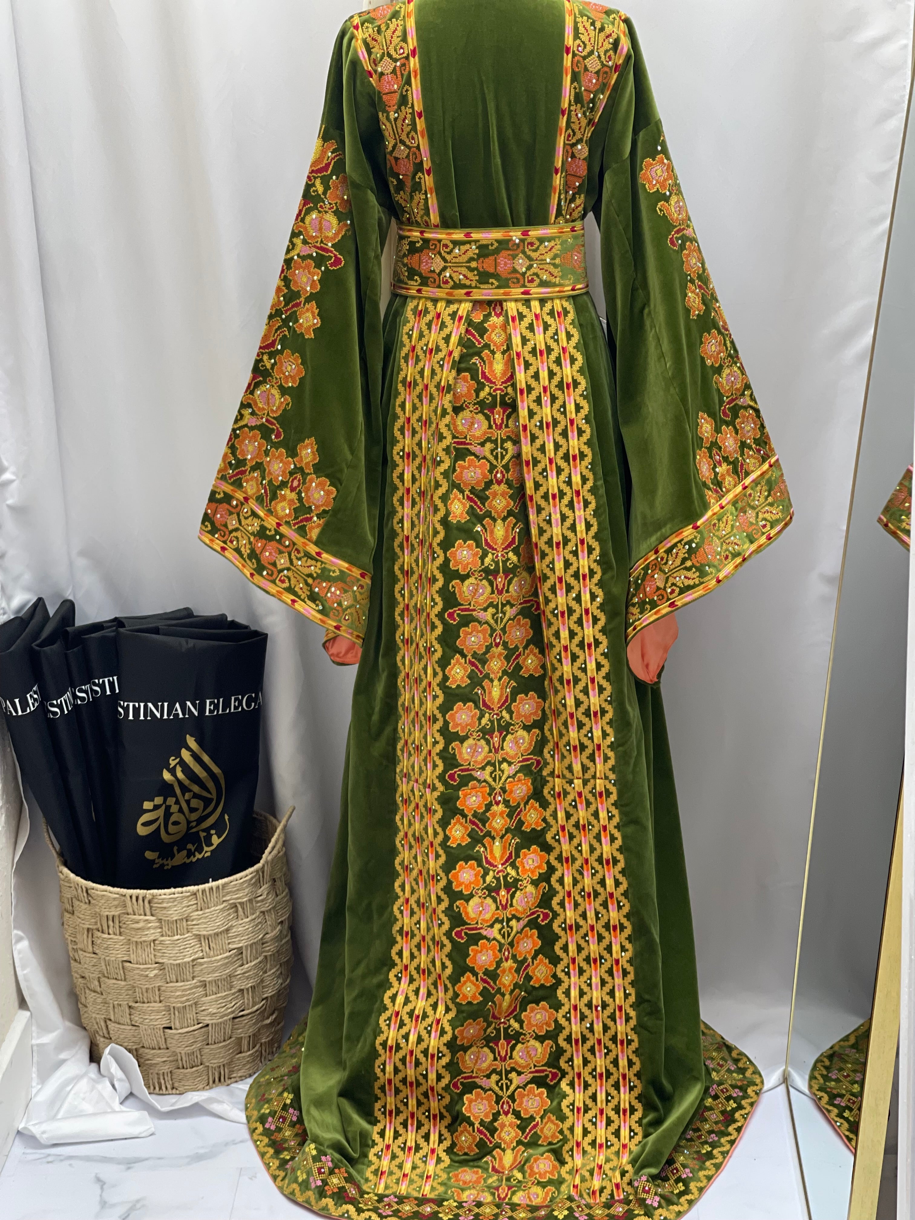New High Quality Embroidered Velvet Measurements With Overskirt Palestinian Elegance