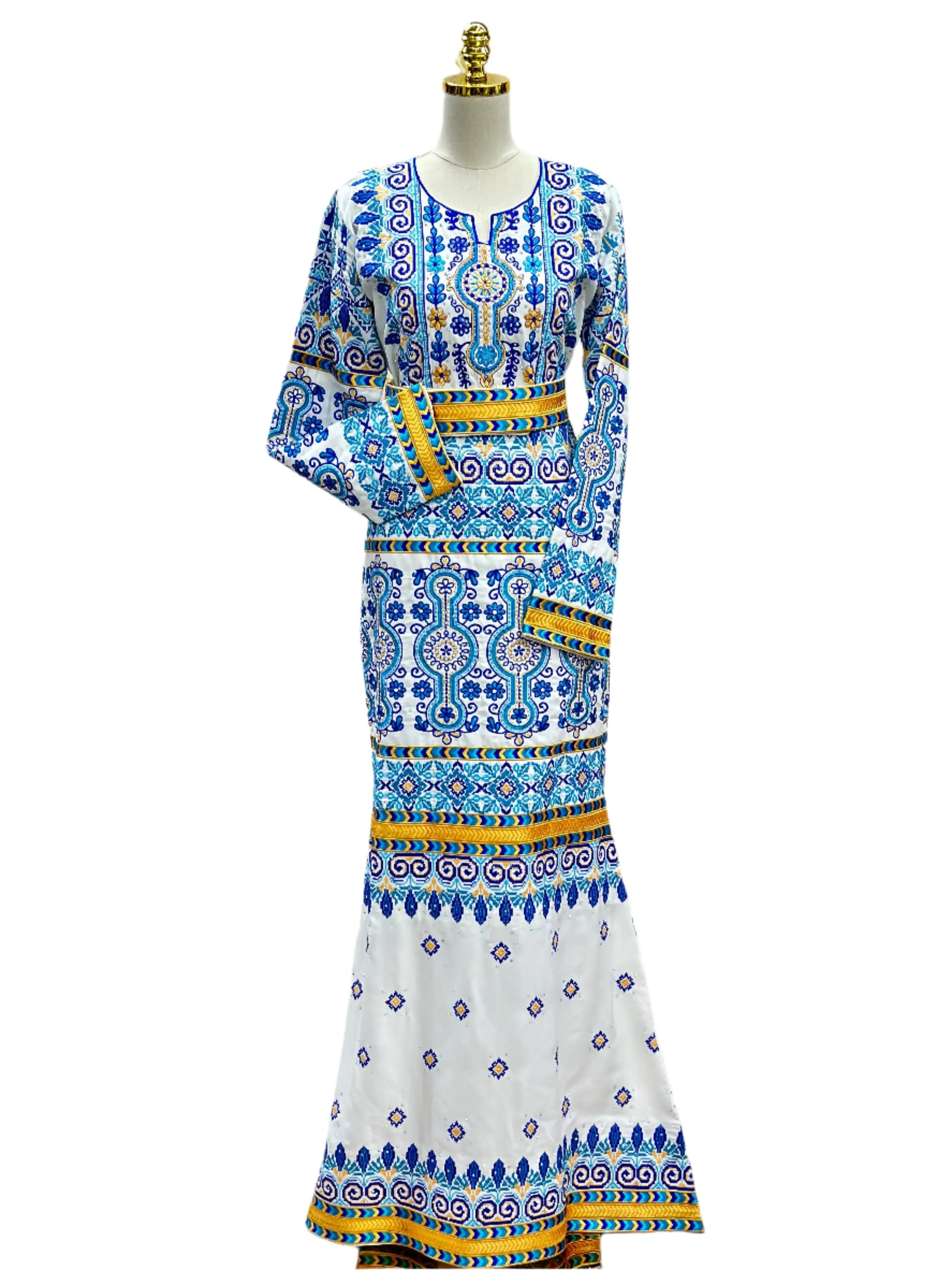 Palestinian embroidered dress bridal gown with intricate blue and yellow embroidery by Palestinian Elegance