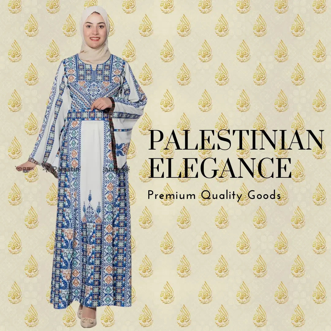 Palestinian embroidered dress with intricate blue and white patterns worn by a woman in a beige hijab